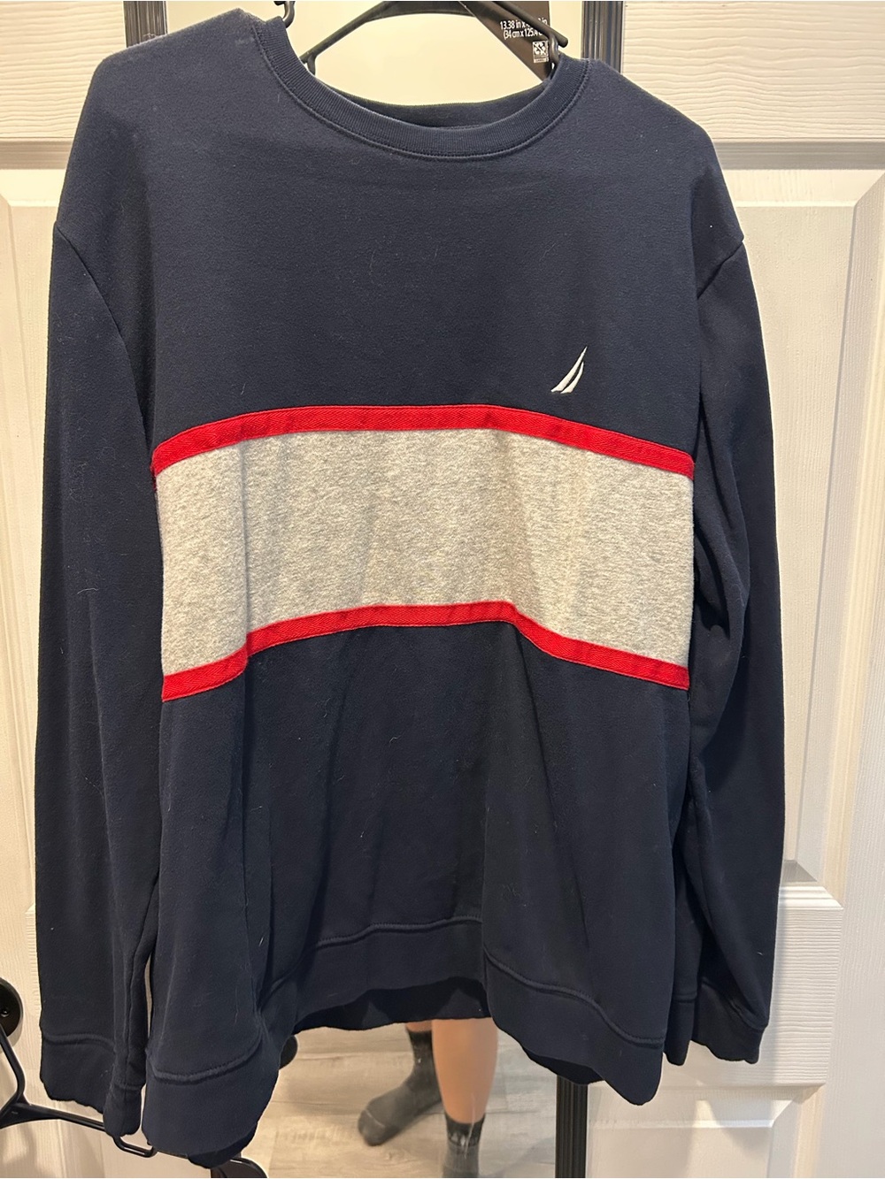 Nautica Navy Crewneck Sweatshirt with Gray Panel and Red Stripes